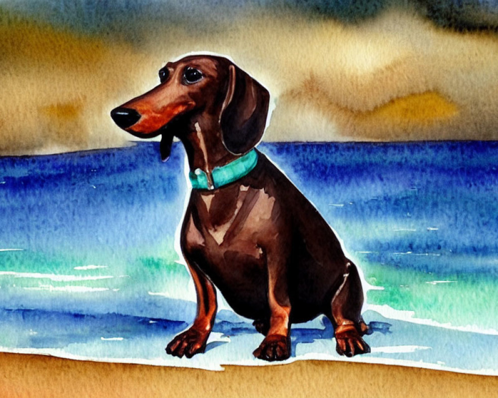 Watercolor painting of dachshund with blue collar near water at sunset.