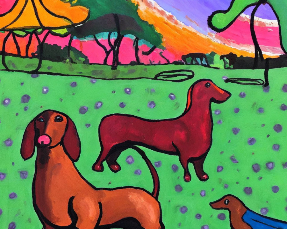 Vibrant Painting of Stylized Dachshunds in Nature