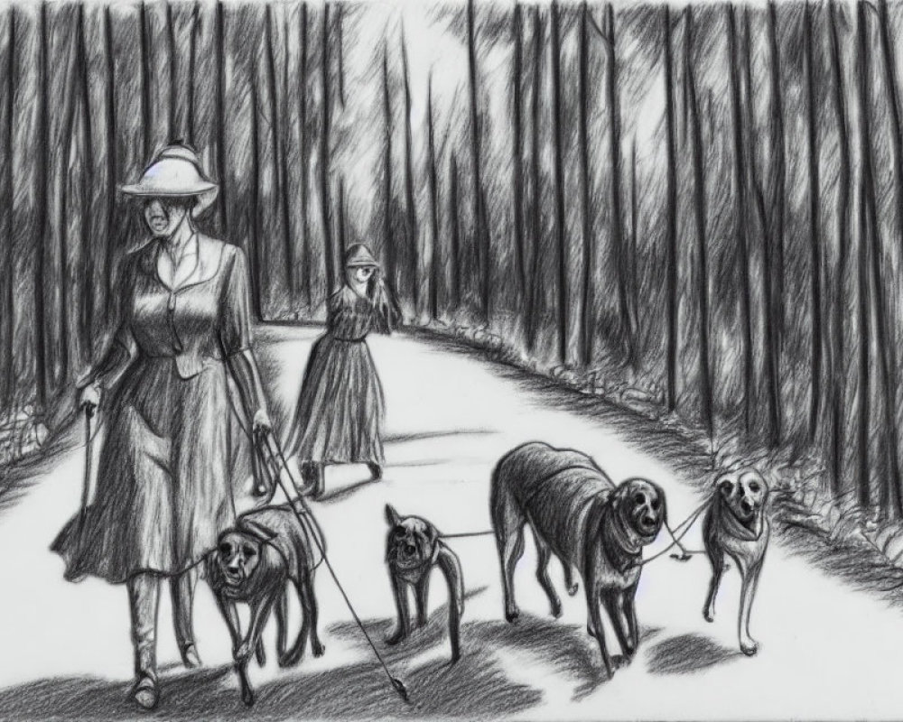 Detailed pencil sketch of two women in vintage dresses walking three large dogs on a shaded path through a densely