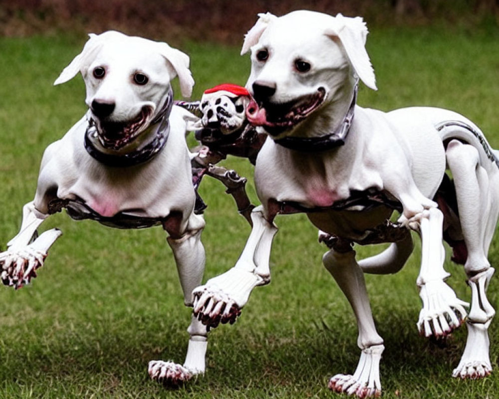 Two dogs in skeleton costumes playing with ball on grass.