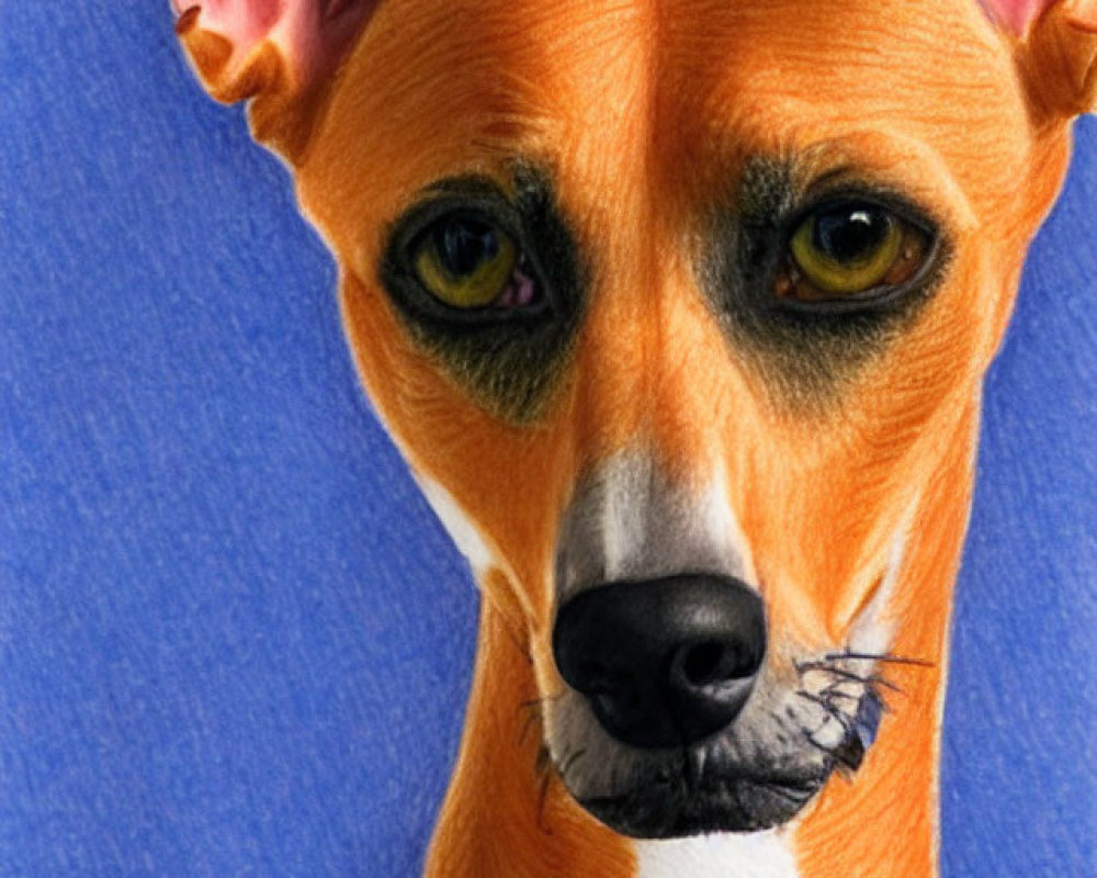 Close-Up of Dog with Sharp Ears and Intense Yellow Eyes on Blue Background