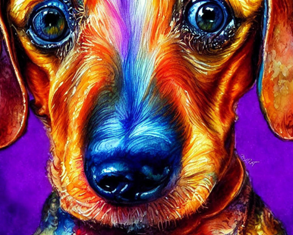 Colorful Watercolor Painting of Dachshund with Expressive Eyes