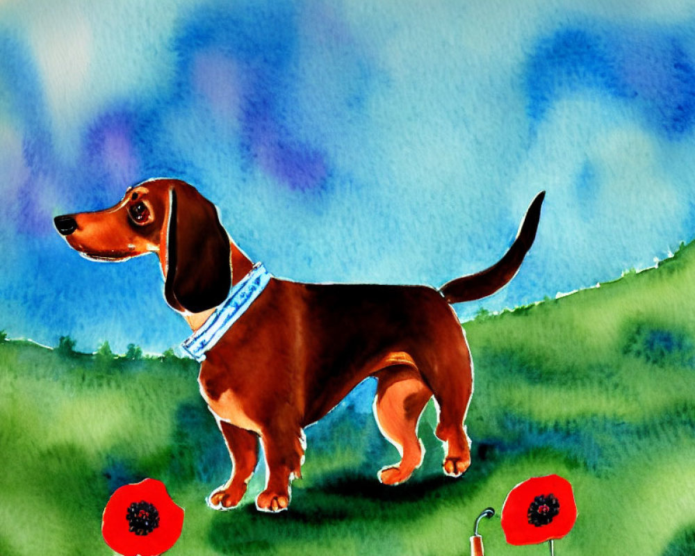 Brown Dachshund Watercolor Painting with Blue Collar on Grass