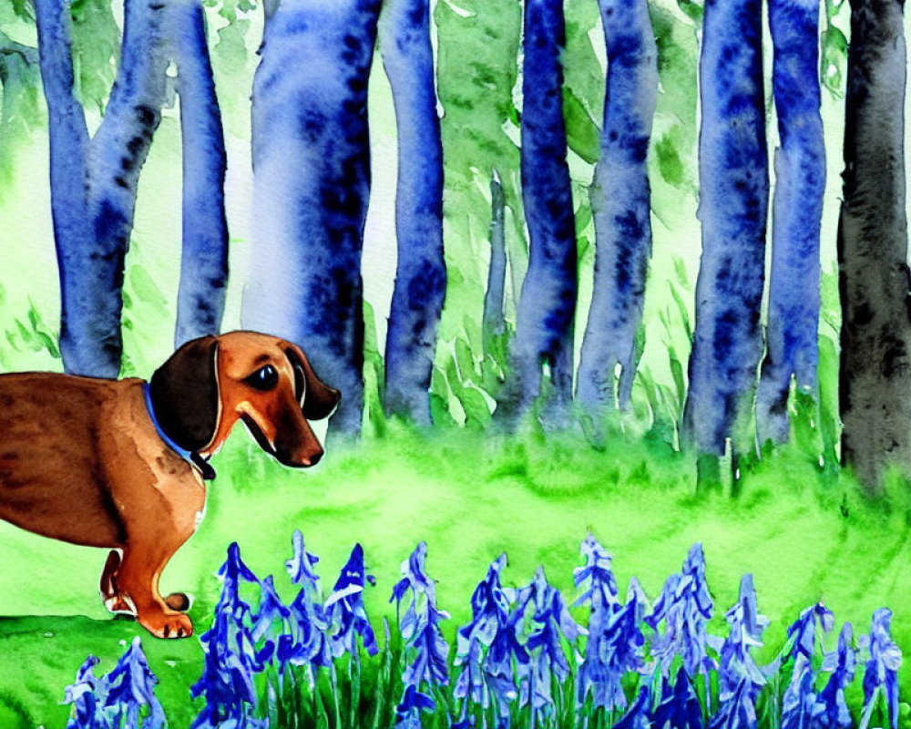 Brown Dachshund in Bluebells with Forest Background
