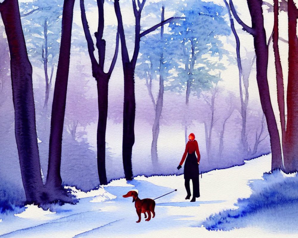 Snowy forest watercolor painting: person and dog in purple and blue hues