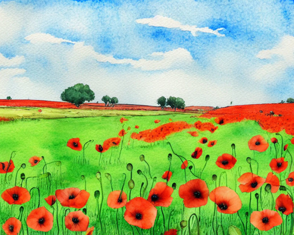 Colorful watercolor painting of poppy field under blue sky