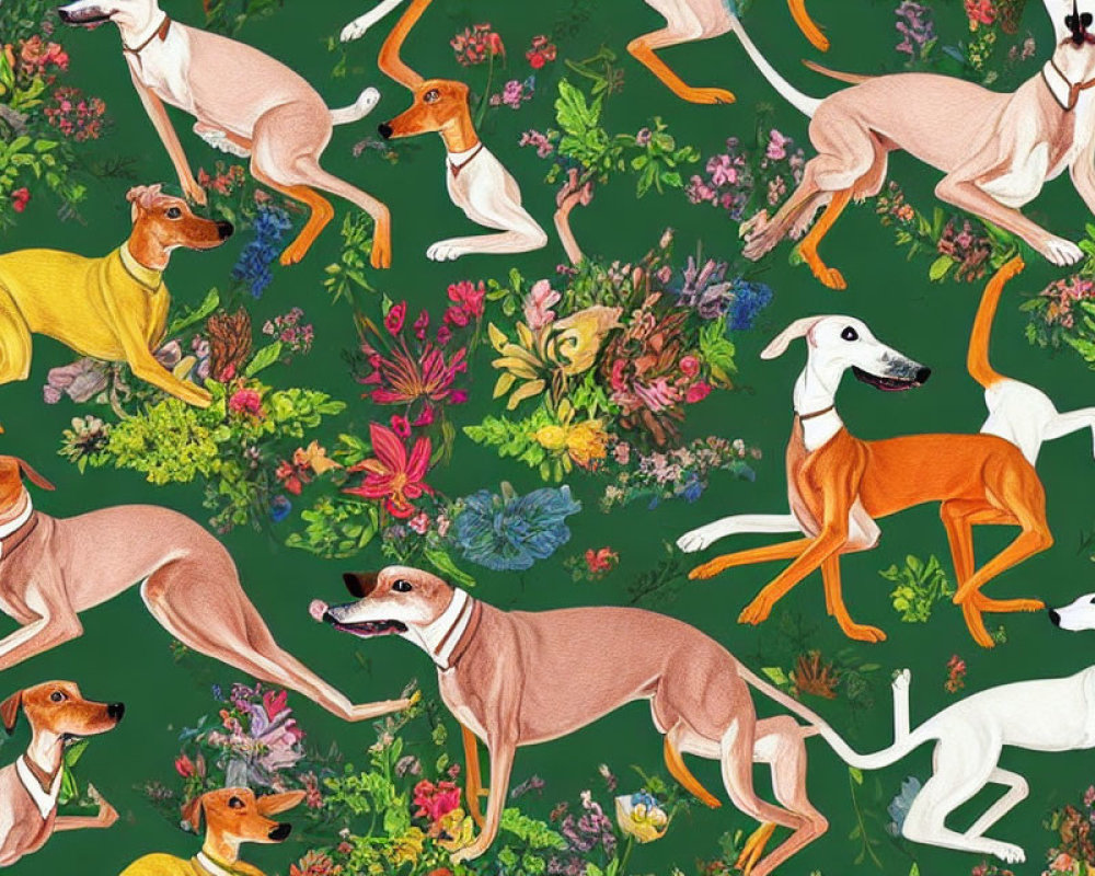 Colorful Greyhound Illustration with Floral Patterns on Green Background