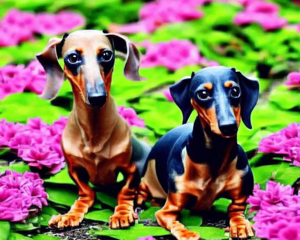 Two Dachshund Dogs Sitting Amongst Bright Pink Flowers on Lush Green Lawn