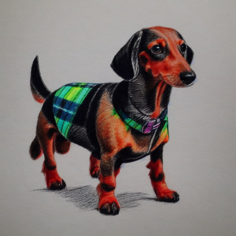 Detailed colored pencil drawing of a dachshund in green plaid coat