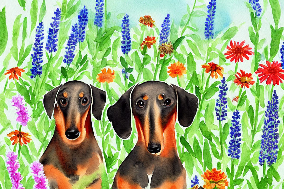 Dachshunds with wildflowers in watercolor art