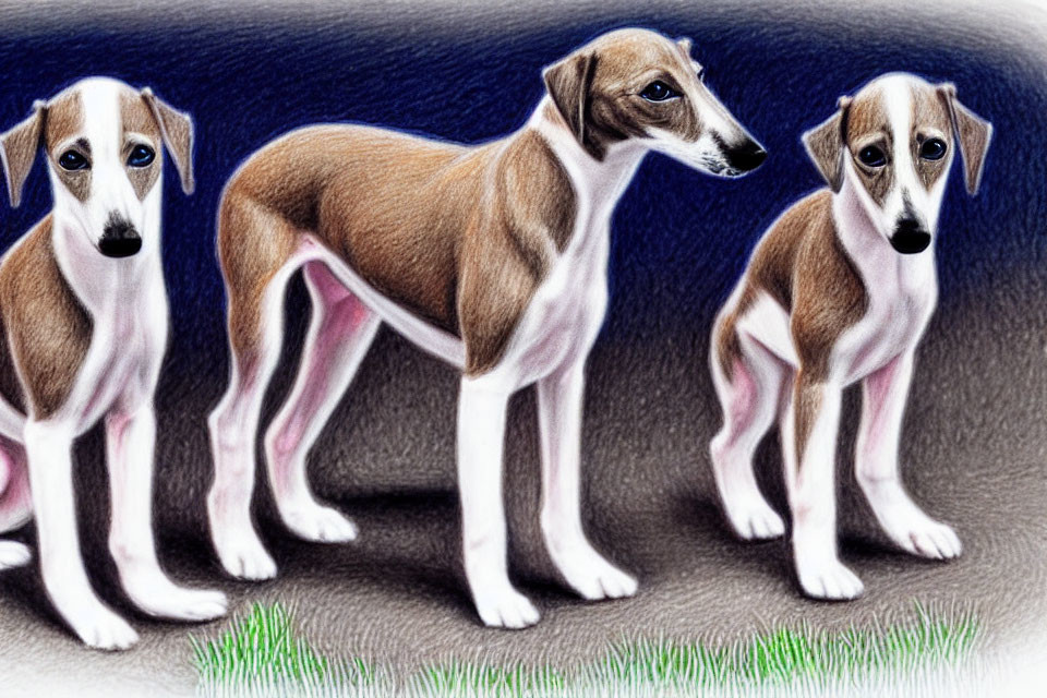 Three brown and white Italian Greyhound puppies in colored pencil style on white surface against blue background