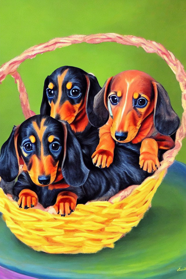 Three dachshund puppies with black and tan coats in yellow basket on green background