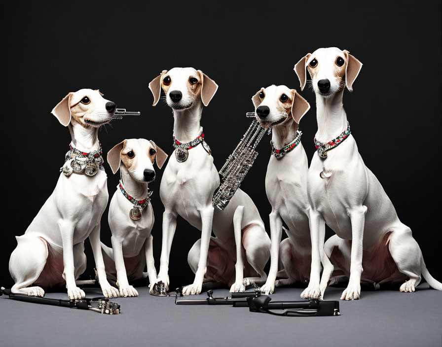 Five white dogs with black spots and silver collars, sitting by music instruments
