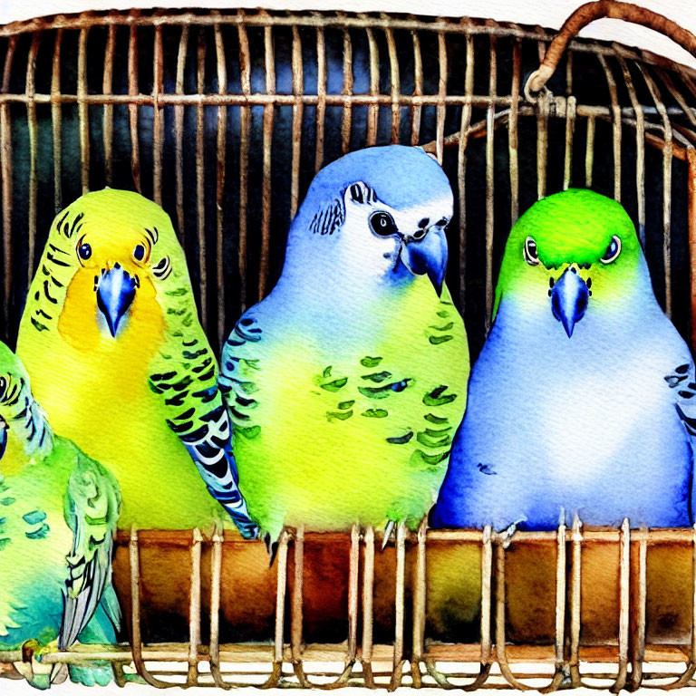 Vibrant Watercolor Parakeets in Colorful Cage