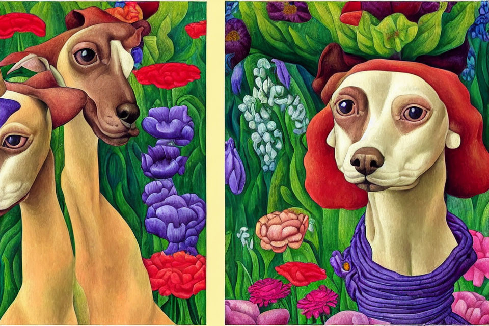 Stylized paintings: Dogs with elongated necks in vibrant floral setting