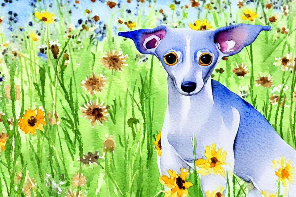 Stylized watercolor painting of blue-grey dog in nature