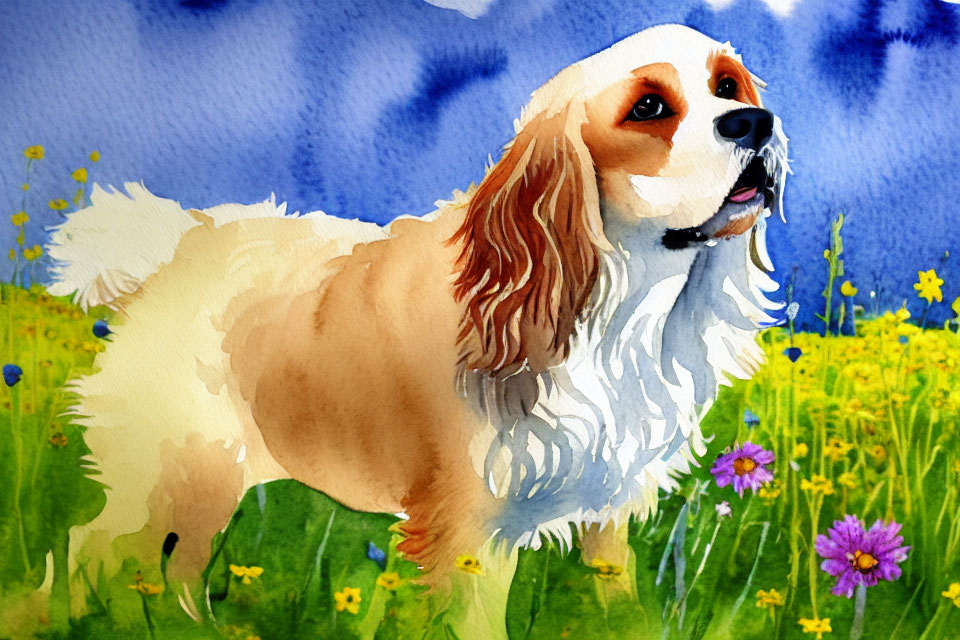 Brown and White Spaniel Dog in Vibrant Field with Blue Sky and Yellow Flowers