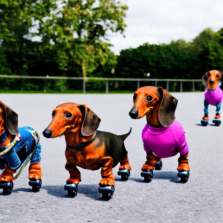 Three Dachshund Dogs in Colored Shirts on Skateboards