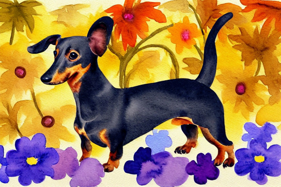 Colorful Watercolor Painting of Dachshund with Flowers on Textured Background