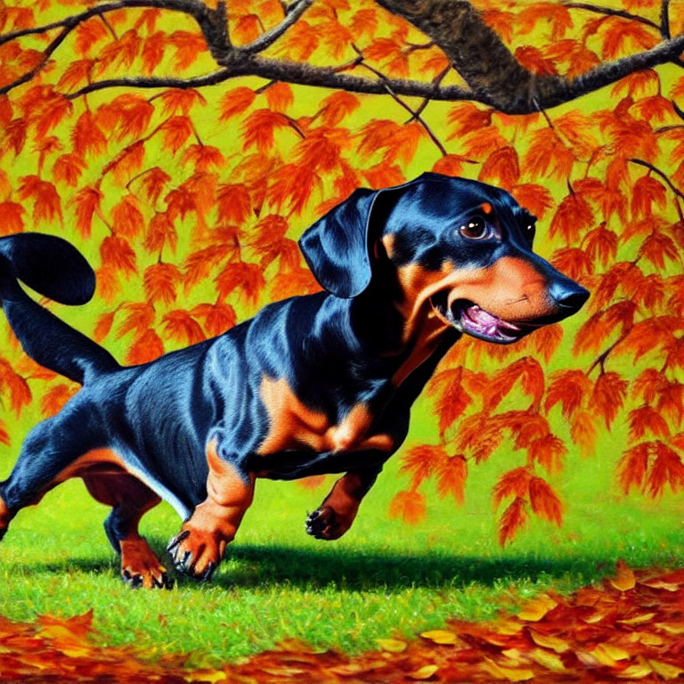Playful dachshund running amidst vibrant autumn leaves