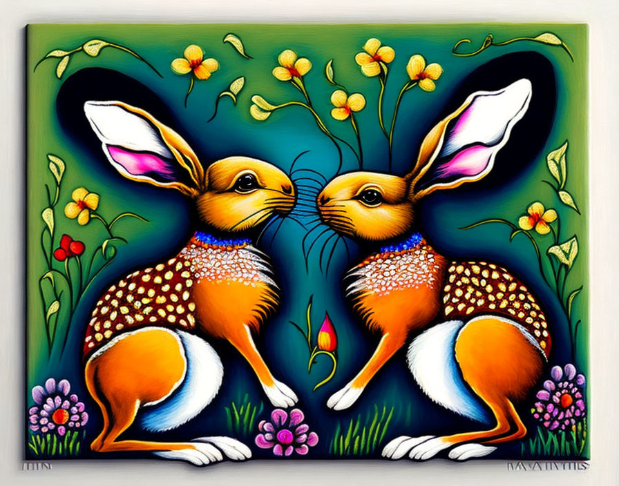 Vivid rabbit painting with flowers on dark green background