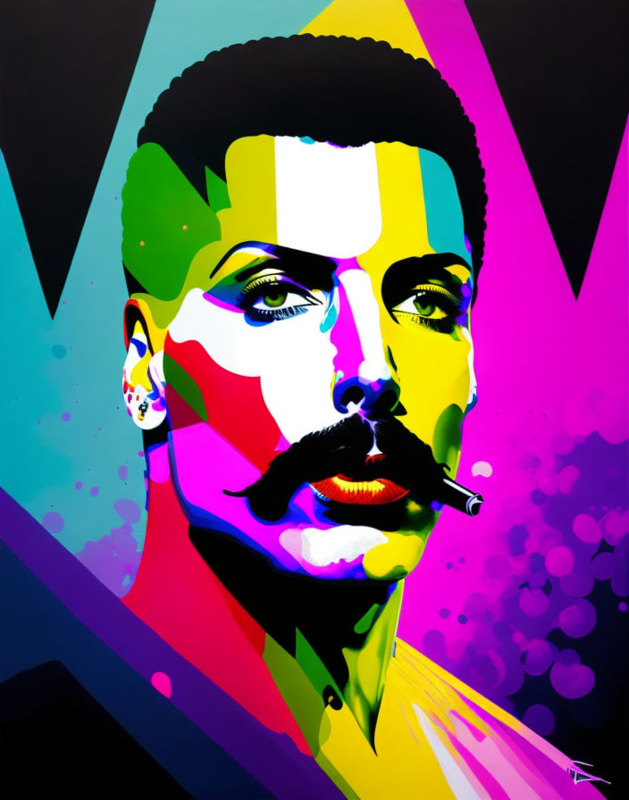 Vibrant pop art portrait of man with mustache and cigarette