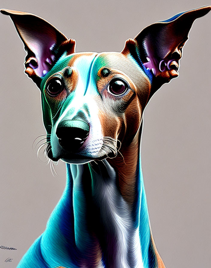 Slim dog with large ears and multicolored stripes - thoughtful expression