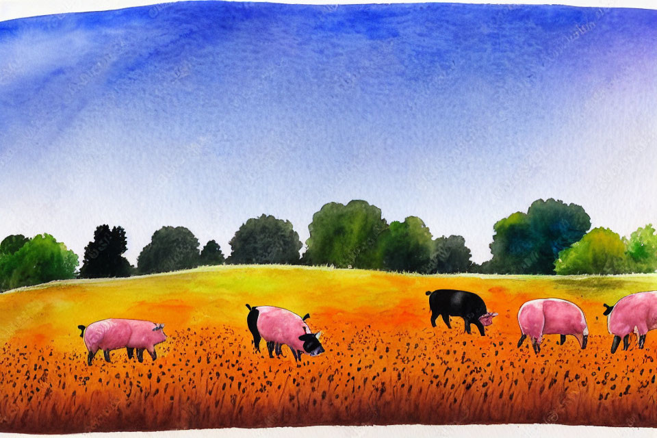 Vibrant Watercolor Landscape with Grazing Pigs
