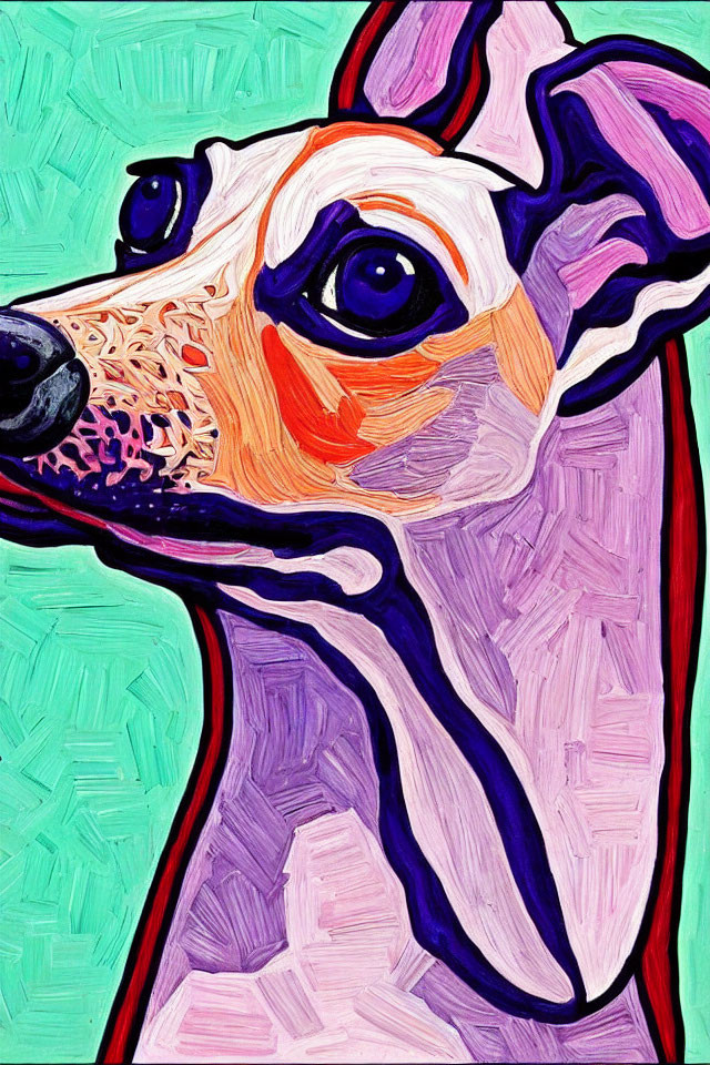 Vibrant abstract dog painting with bold lines and bright colors