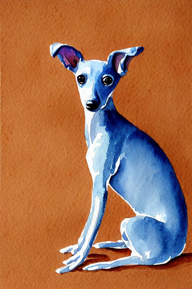 Blue-Grey Dog Watercolor Painting on Textured Brown Background