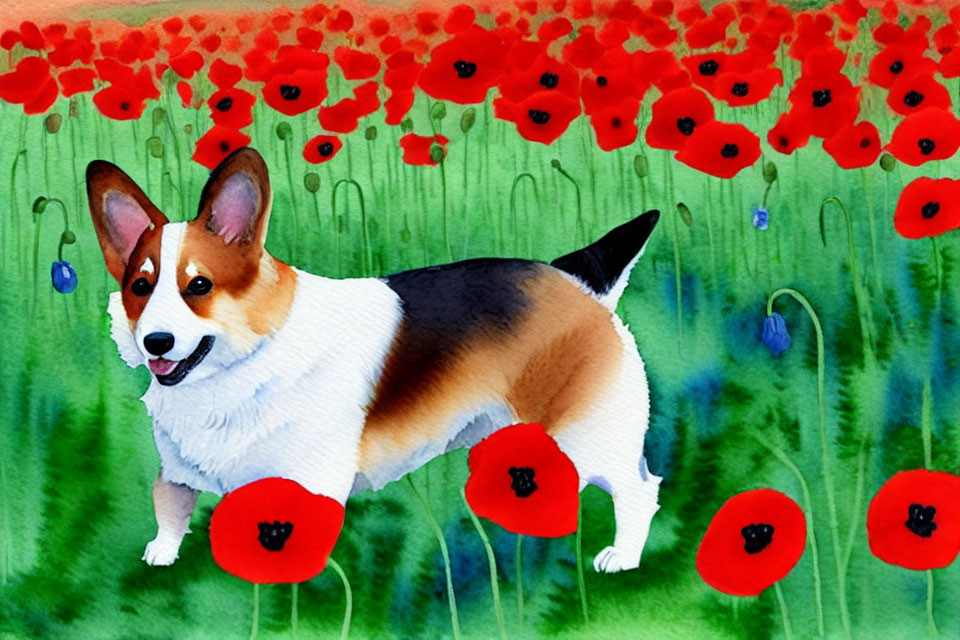 Vibrant watercolor painting of Corgi dog in red poppy field