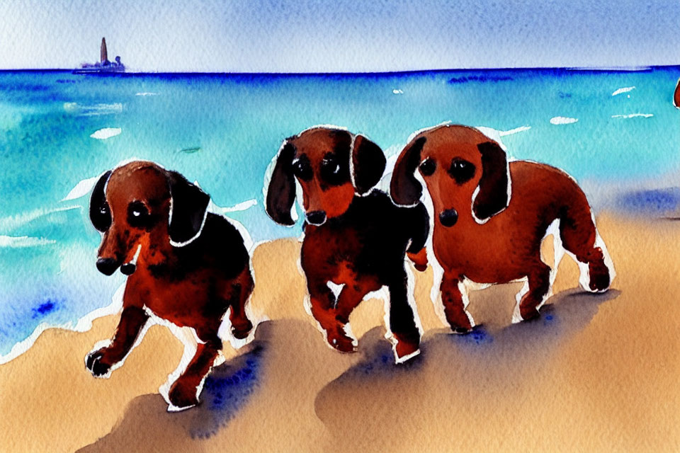 Three Dachshund Puppies on Beach with Blue Waters and Lighthouse in Watercolor Style