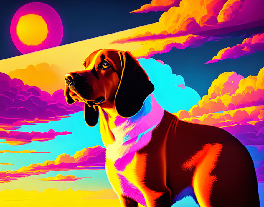 Colorful Digital Artwork: Dog Against Sunset Sky