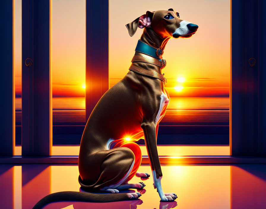 Dog with collar gazes out window at sunset glow