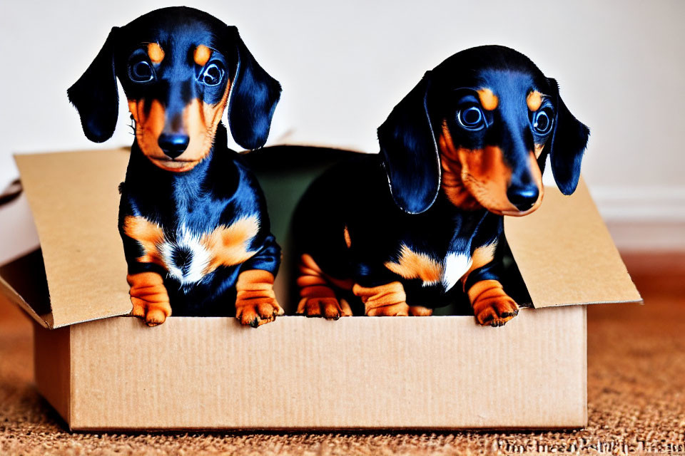Two cute dachshund puppies in cardboard box on carpeted floor
