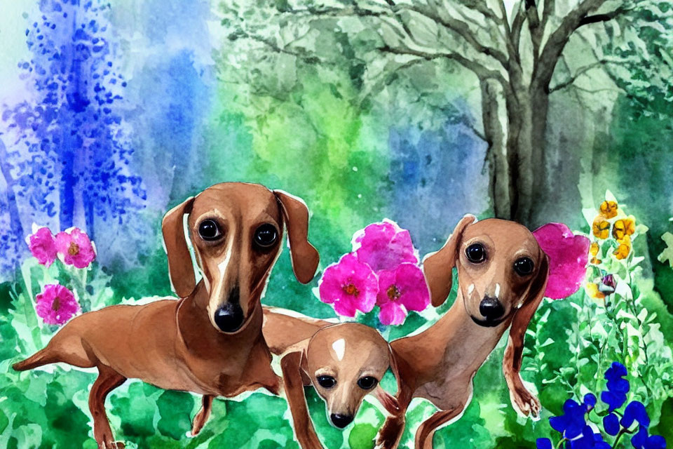 Colorful Watercolor Painting of Three Dachshund Dogs in Garden
