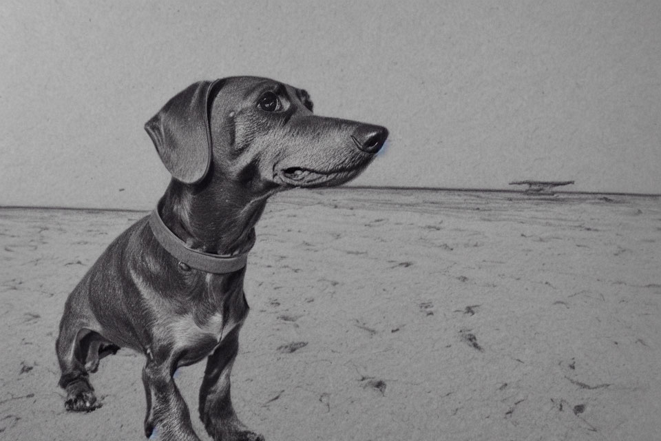 Short-haired dachshund with collar gazing sideways on sandy paw prints