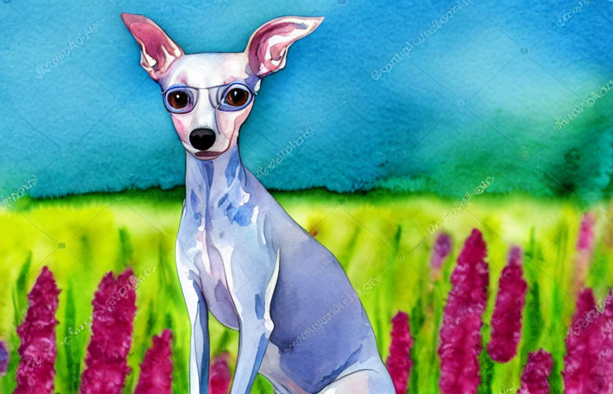 Greyhound Watercolor Painting with Pink Flowers and Blue-Green Background