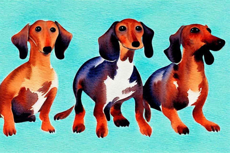 Three Watercolor Dachshunds in Red, Dappled, and Dark Coats on Blue