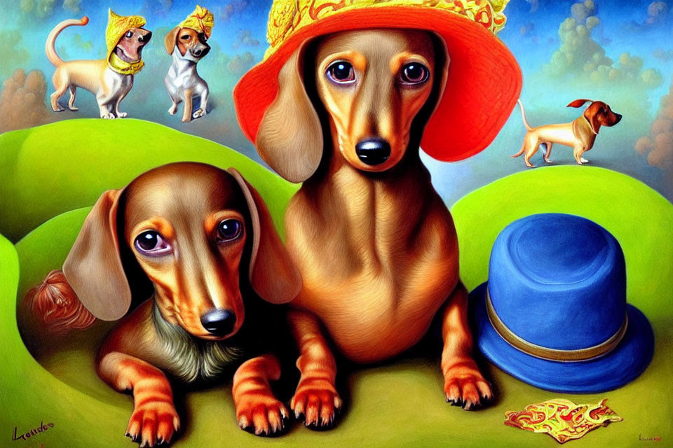 Colorful surreal setting with stylized dachshunds wearing hats