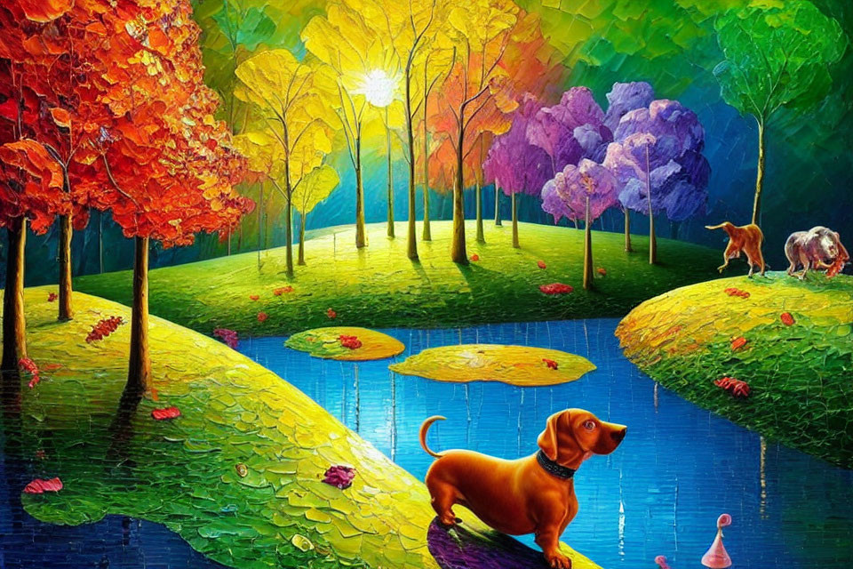 Colorful trees and dogs near pond in vibrant painting