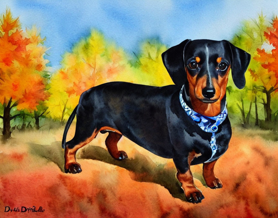 Watercolor painting of black and tan dachshund in autumn landscape