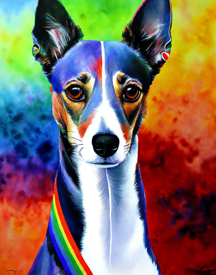 Vibrant Dog Illustration with Rainbow Scarf & Colorful Background