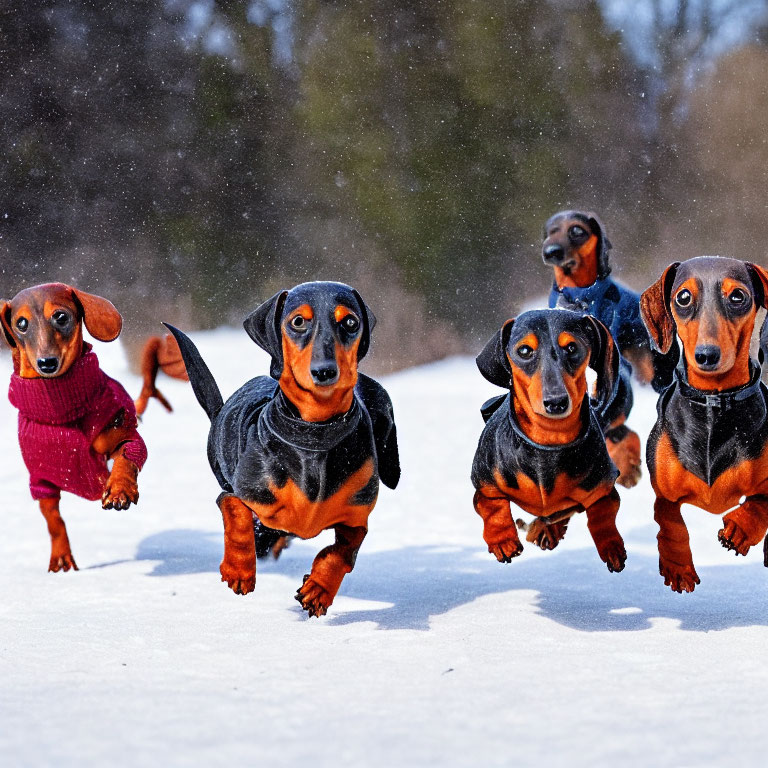 Four Dachshunds in Winter Attire Playing in Snowfall