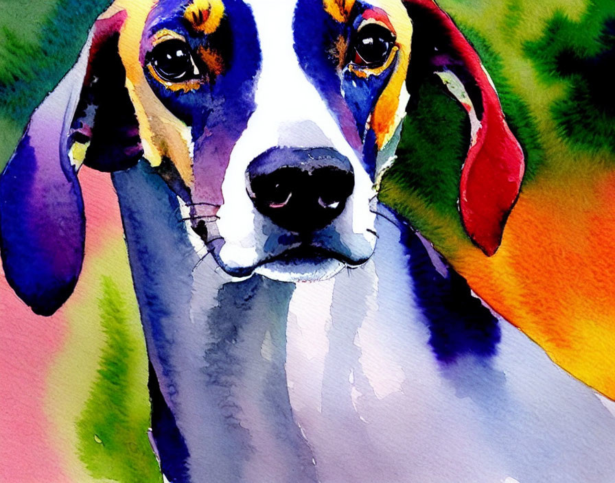 Colorful Watercolor Painting of Dog with Expressive Eyes