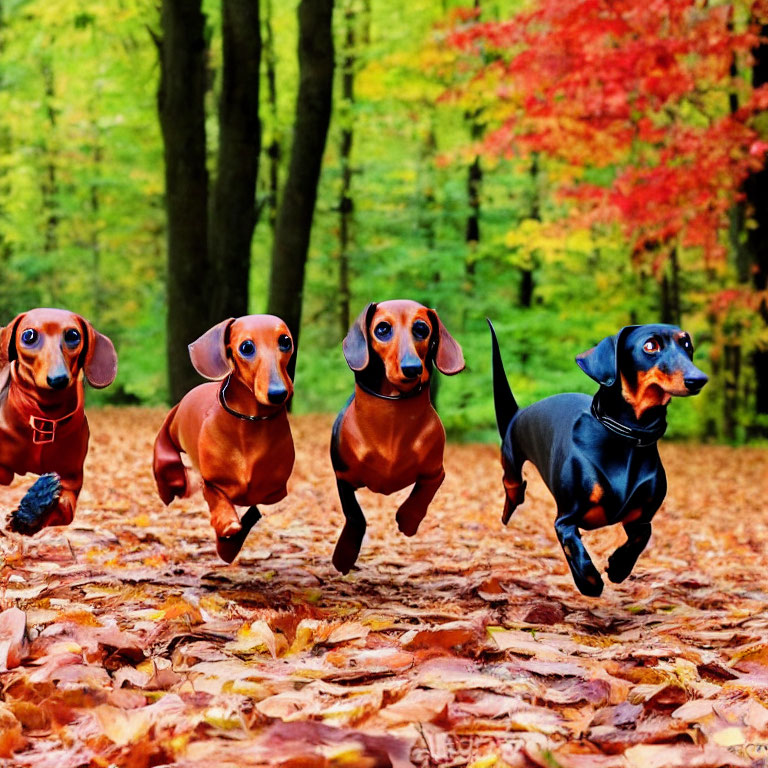 Three dachshunds in a vibrant autumn forest with scattered leaves