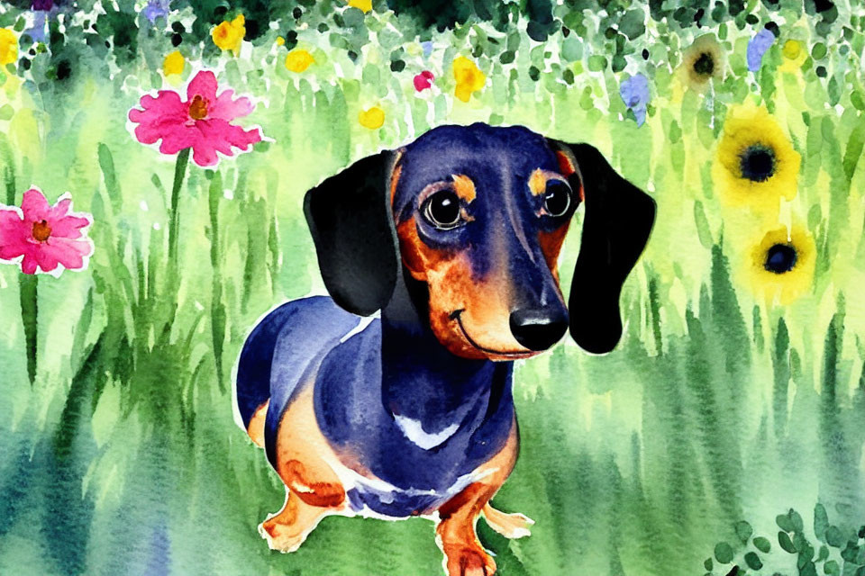 Vibrant watercolor painting of dachshund in flower-filled field