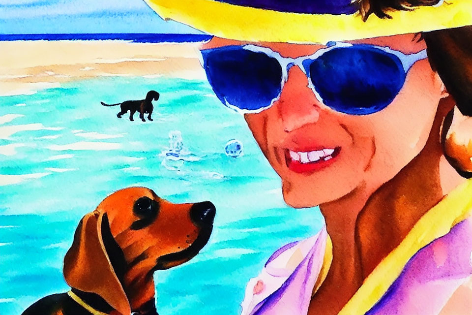 Smiling woman with sunglasses and yellow hat holding a small dog, another dog in the sea