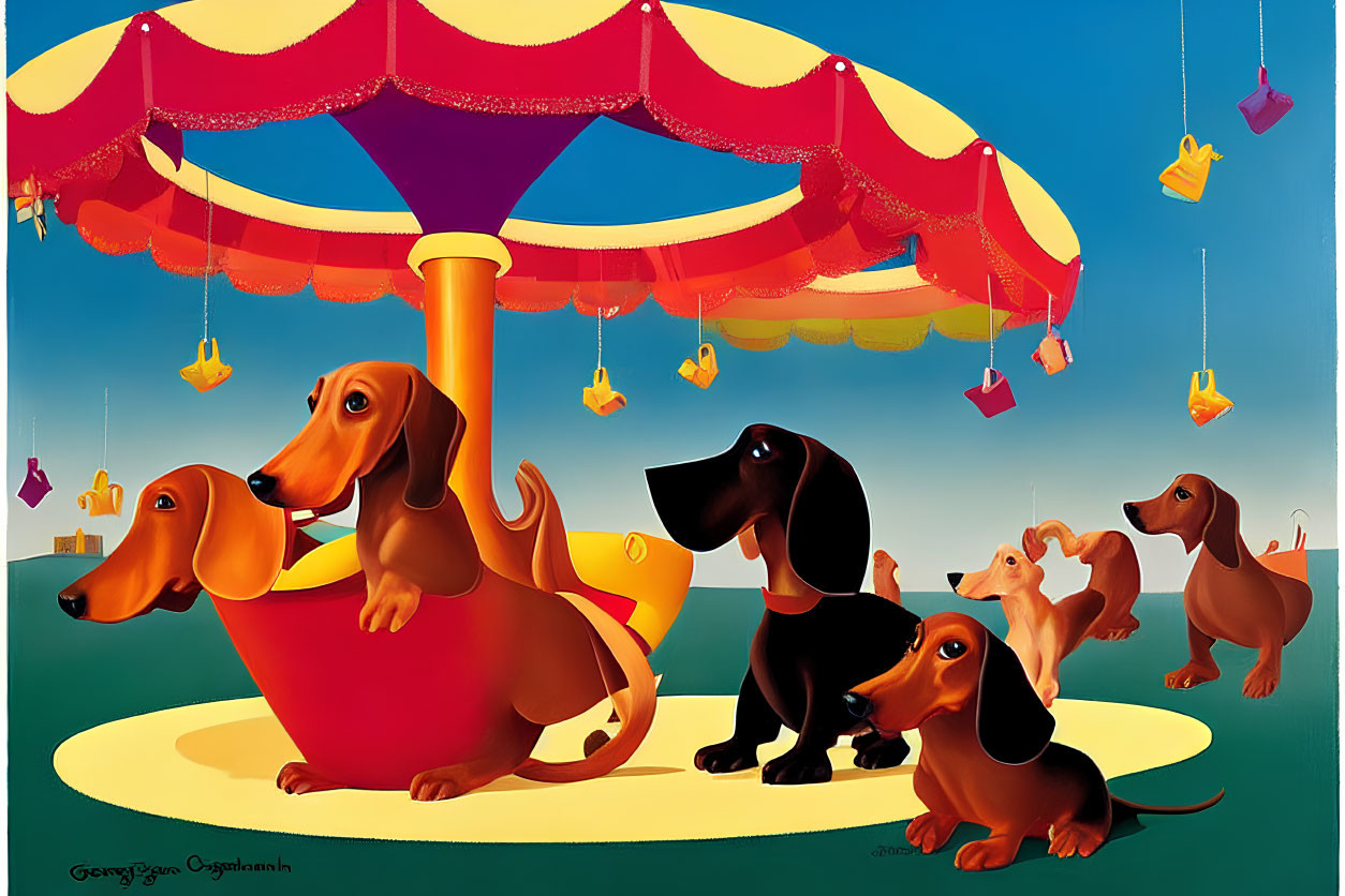 Whimsical anthropomorphic dachshunds carousel illustration