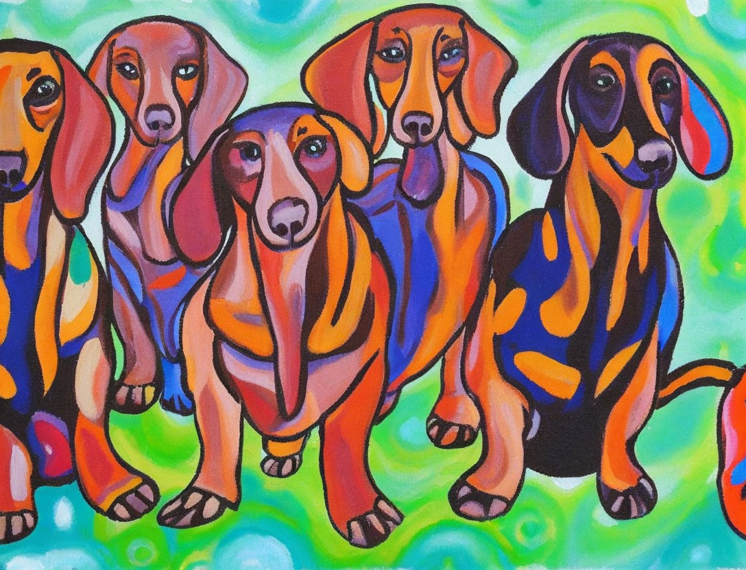 Vibrant painting of stylized dachshunds on swirling background